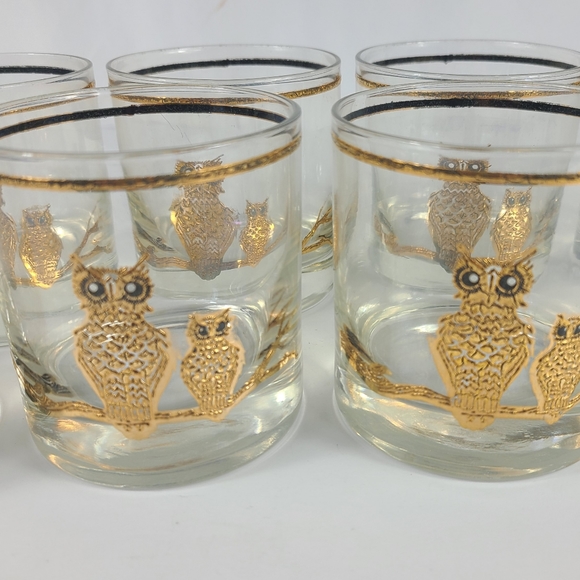 MID CENTURY VINTAGE LOW BALL GLASSES GOLD LEAF WITH OWLS SET OF 8 - Picture 6 of 13